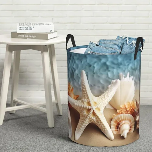 Miniatura 8 de Starfish Coral and Seashell print Circular Hamper Waterproof Storage Bin Organizer Basket Laundry Hamper With Handles For Clothes Toys Small