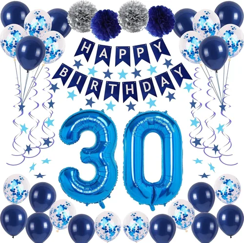 Miniatura 26 de Decoraciones de fiesta de cumpleaños azul número 12 para niños y niñas, suministros de globos de feliz cumpleaños 12 con pancarta de feliz Azul-a-31
