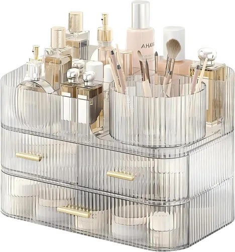 Miniatura 8 de DASITON Organizador de Maquillaje con Cajones y Soporte Giratorio para Brochas de Maquillaje, Organizador de Cosméticos Apilable de Gran Capacidad