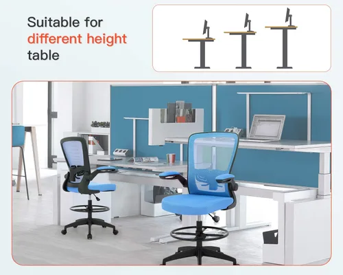 Miniatura 7 de Silla de oficina alta, de altura ajustable, con soporte lumbar y brazos abatibles; silla de respaldo de malla con reposapiés. Banco para escritorio