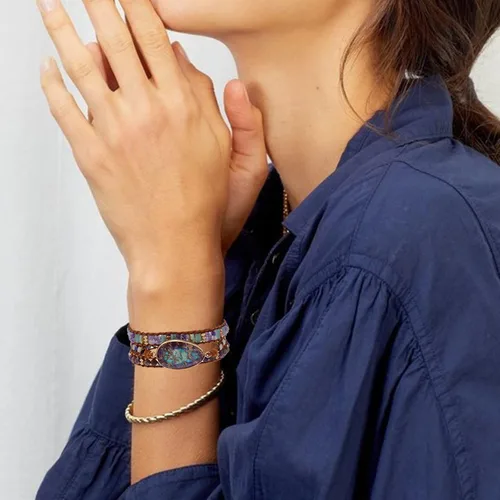 Miniatura 6 de Plumiss Colección de pulseras de cuentas de cuero de cristal natural hechas a mano para mujer