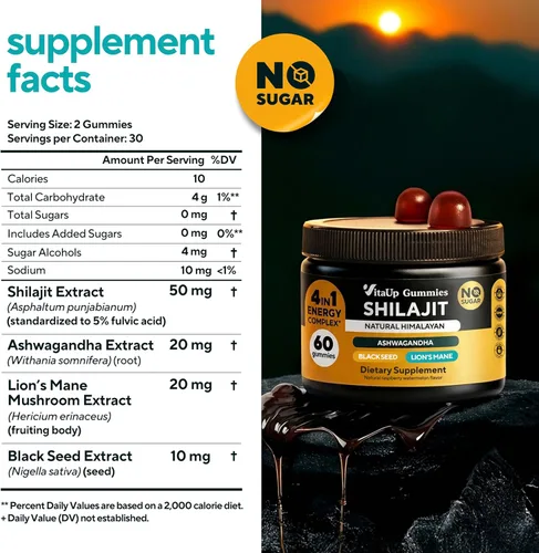 Miniatura 7 de VitaUp Gomitas Shilajit del Himalaya para hombres y mujeres – Gomitas Shilajit sin azúcar con ácido fúlvico – Energía pura, inmune y apoyo al
