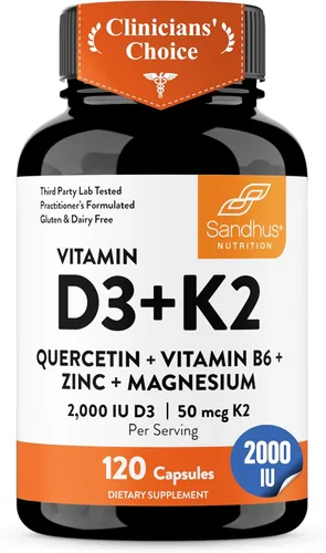 Miniatura 14 de Sandhu's Vitamina D3 K2 Magnesio 10000 IU, 120mcg K2 Cápsulas 60 unidades (paquete de 1) con VIT B6, zinc y quercetina D3K2 apoya la absorción