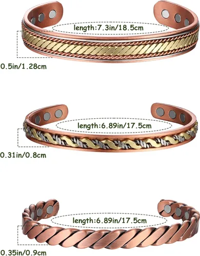 Miniatura 5 de MagEnergy Pulseras de cobre para mujeres y hombres, juego de 3 piezas, terapia magnética, pulsera hecha a mano 100% cobre, caja de regalo de joyería