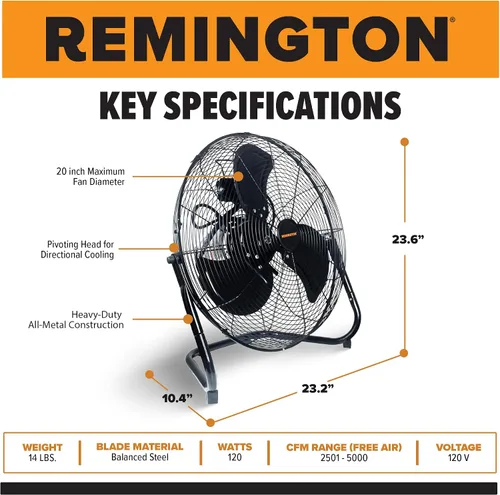 Miniatura 3 de Remington Ventilador de piso de alta velocidad, unidad de refrigeración portátil de 3 velocidades, flujo de aire de metal resistente para grandes