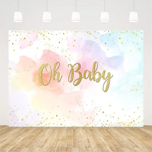 Miniatura 2 de AIBIIN Fondo de baby shower de arcoíris de 7 x 5 pies para niña, acuarela pastel Oh Baby Fotografía, fondo colorido de nube con purpurina dorada