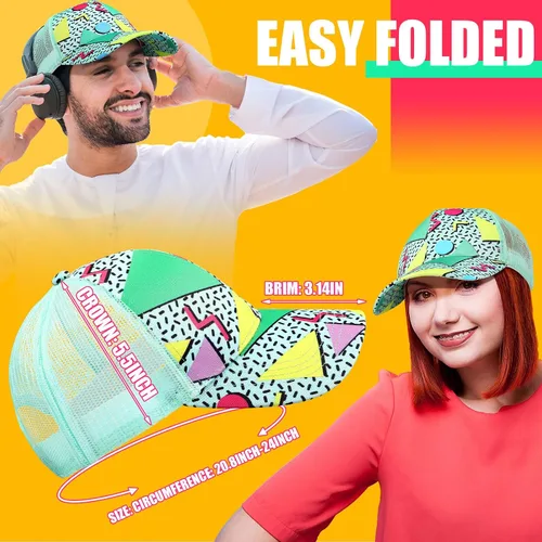 Miniatura 2 de Riñonera de 2 piezas de los años 80 y 90 para mujeres y hombres, traje de Halloween, sombrero de malla de neón, bolsa de cintura ajustable