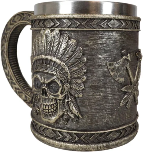 Miniatura 6 de Ebros Gift Nativo americano indio tribal jefe guerrero cráneo con águila cucaracha tocado y doble hacha cruzada taza de café taza de bebida jarra
