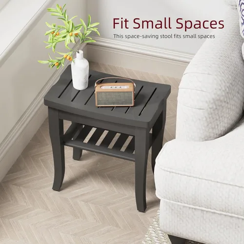 Miniatura 6 de Banco de ducha de bambú, taburete de ducha pequeño de spa para ducha interior, impermeable, asiento de baño con estante de almacenamiento para Negro