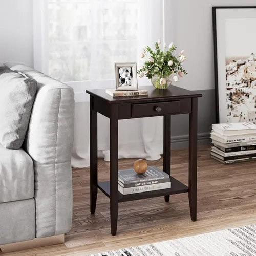 Miniatura 9 de IDEALHOUSE Mesa auxiliar para sala de estar, mesa auxiliar pequeña con estantes de almacenamiento de 2 niveles, mesas de noche redondas, mesa blanco