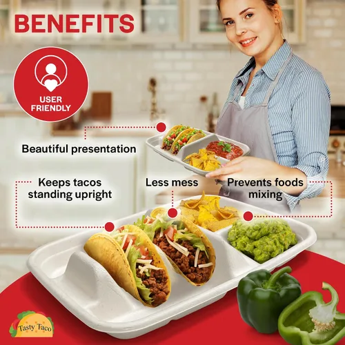 Miniatura 4 de Platos desechables blancos para tacos para 2 tacos y 2 lados – Paquete de 25 Platos de papel de primera calidad con divisores, soporte para tacos