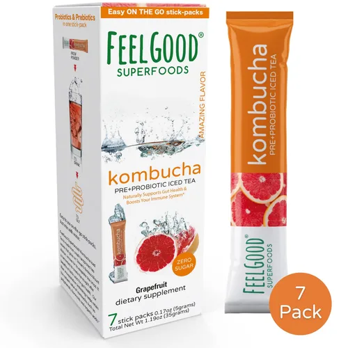 Miniatura 3 de FeelGood Superfoods Kombucha - Paquetes de té helado, delicioso sabor a pomelo, refrescante bebida instantánea en polvo de kombucha gaseosa