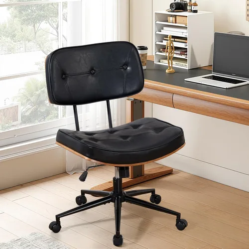 Miniatura 10 de Silla de oficina para el hogar Newnno con ruedas, silla de escritorio de altura ajustable con respaldo de ratán, silla de ordenador giratoria