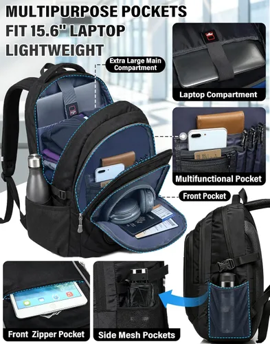 Miniatura 2 de ProEtrade Mochila para universidad, viajes, negocios, senderismo, apta para laptop de hasta 15.6 pulgadas, Negro, 15,6 pulg., Mochilas Daypack
