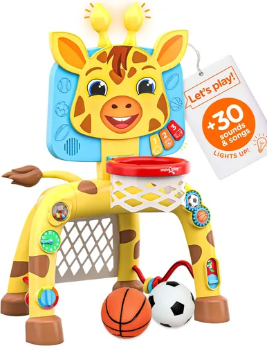 Move2Play, Giraffe - Aro de baloncesto y centro de actividades de portería de fútbol | Más de 30 sonidos y canciones + 5 luces | Regalo de Jirafa -