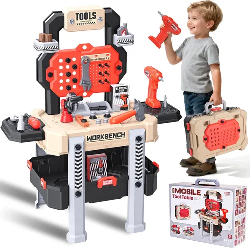 REXBETI Banco de trabajo para niños con taladro eléctrico realista y caja de herramientas, kits de construcción de banco de trabajo para niños de