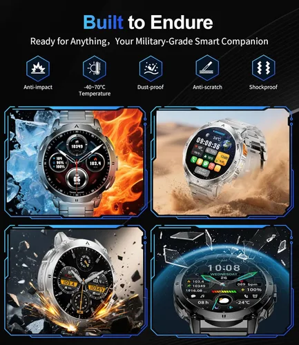Miniatura 6 de Reloj inteligente militar para hombre, 730 mAh/1.62 pulgadas HD de pantalla grande, linterna/más de 110 modos deportivos, reloj de seguimiento