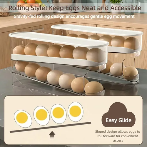Miniatura 3 de Dispensador automático de huevos para refrigerador, organizador de huevos para refrigerador que ahorra espacio y almacenamiento con tapa, bandeja