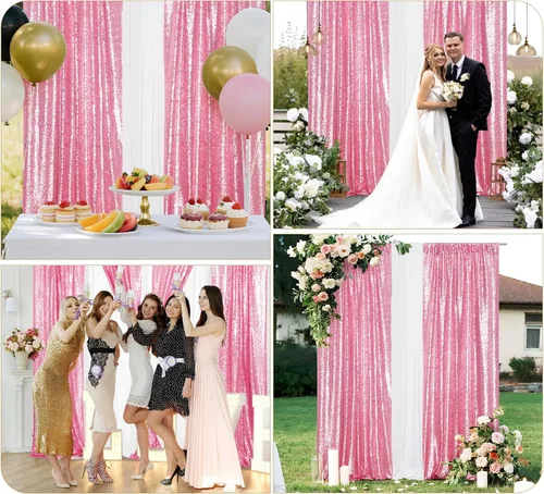 Miniatura 3 de Juya Delight Cortinas de fondo de lentejuelas rosa fucsia, 2 paneles de 2 x 8 pies, fondo brillante de alta densidad, cortinas de fotografía