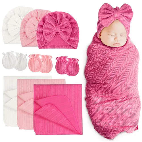 Miniatura 11 de DRESHOW BQUBO Manta para Recién Nacido con Sombrero de Moño y Guantes de Algodón, Manta de Envoltorio para Bebé Cálido, Saco de Dormir para Bebé