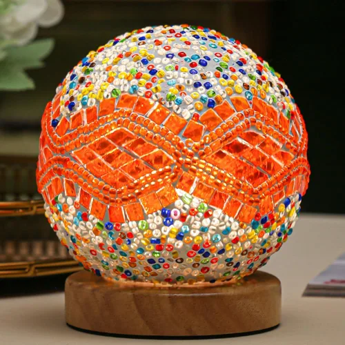Miniatura 9 de Lámpara de mesa turca (D: 4.7 pulgadas x 5.2 pulgadas de alto), lámparas de mosaico de vidrio con base de madera, lámparas de noche Tiffany