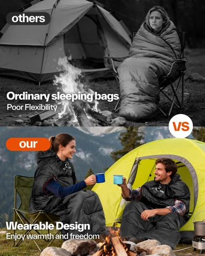 Miniatura 3 de Sportneer Saco de dormir portátil para adultos y niños - Caminable con cremalleras en los brazos, clima cálido e impermeable frío, compacto