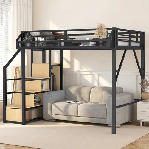 Miniatura 12 de Cama tipo loft de tamaño matrimonial con escaleras de almacenamiento integradas, armario, marco de cama alta de metal con barandilla lateral