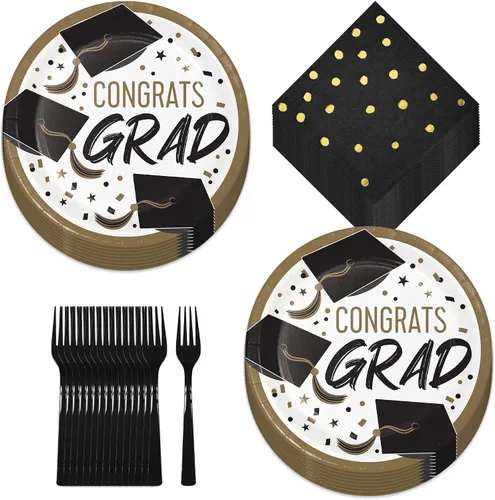 Platos llanos y servilletas de papel dorado para fiestas de graduación, color negro, blanco y dorado (16 platos y servilletas)