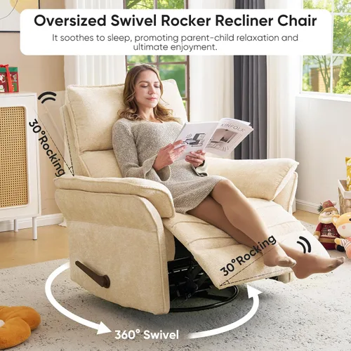 Miniatura 4 de Rocking Chair Nursery with Adjustable Headrest,Manual Swivel Rocker Recliner Nursery Chair with Overstuffed Armrest,Glider Rocker Recliner for