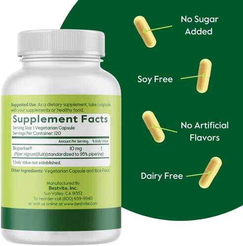 Miniatura 3 de BESTVITE Bioperine 10mg (120 cápsulas vegetarianas) - Sin estearatos - Vegano - Sin OMG - Sin gluten - Potenciador de absorción