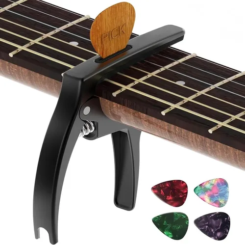 Cejilla de Guitarra, TANMUS - Cejilla de metal de zinc 3 en 1 para guitarras acústica y eléctrica (con soporte para púas y 4 púas), para ukelele,
