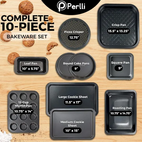 Miniatura 2 de Perlli Juego de 10 moldes para hornear antiadherentes de acero al carbono, gris para horno, 2 hojas de galletas, 2 moldes redondos para pasteles