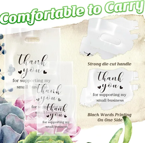 Miniatura 3 de Abbylike 300 bolsas de agradecimiento con asas a granel, 3 tamaños troqueladas de plástico para compras y mercancías al por menor para pequeñas