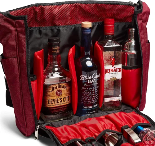 Miniatura 4 de Bolsa de viaje para bar, color rojo carmesí y negro, resistente al agua, suministros de bartender, bolsillos para llevar kit de cóctel (solo bolsa)