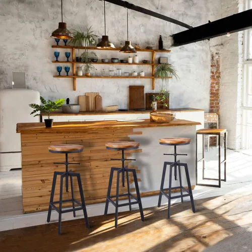 Miniatura 7 de Taburetes de bar industriales, silla de comedor de cocina, taburete de metal de madera, silla giratoria de altura ajustable, negro, juego de 2