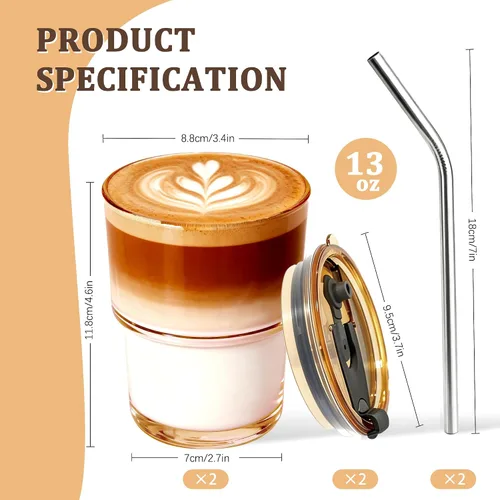 Miniatura 2 de Paquete de 2 vasos de vidrio con tapa y pajita de 13 onzas, lindo juego de tazas de café helado a granel, batido, jugo, matcha, té, capuchino, agua