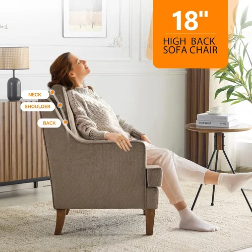 Miniatura 3 de VINGLI Juego de 2 sillas decorativas modernas de mediados de siglo, sillón tapizado marrón claro, cómodos sillones de lectura, respaldo alto