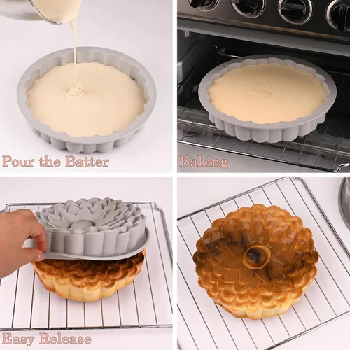 Miniatura 5 de Sakolla Juego de 3 moldes de silicona para pastel con forma de flor, moldes grandes redondos de silicona para hornear pasteles, panes, tartas