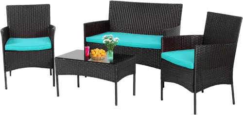 Juego de 4 muebles modulares para exteriores, juego de muebles de mimbre resistentes al agua con 3 sillas de ratán, 1 cojín de mesa con tapa de