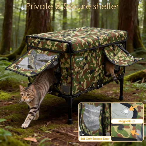 Miniatura 3 de Casa para gatos al aire libre, resistente a la intemperie, con dosel, refugio exterior para gatos, cubierta de techo y soporte elevado, casa
