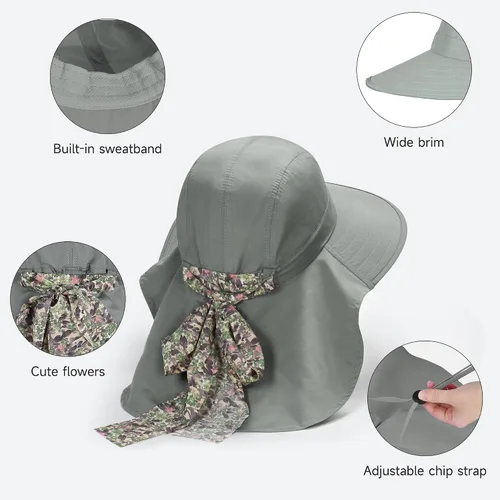 Miniatura 3 de Solaris UPF 50+ Gorro de ala ancha para mujer - Tamaño pequeño, ligero y plegable, gorro floral refrescante con solapa para el cuello