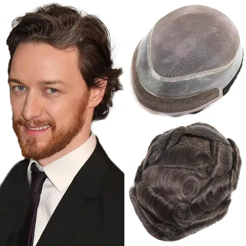 Miniatura 22 de HAPPY&CC Toupee - Piezas de cabello humano con encaje frontal suizo para hombre, parte superior fina mono con poliuretano alrededor de sistema de #1B