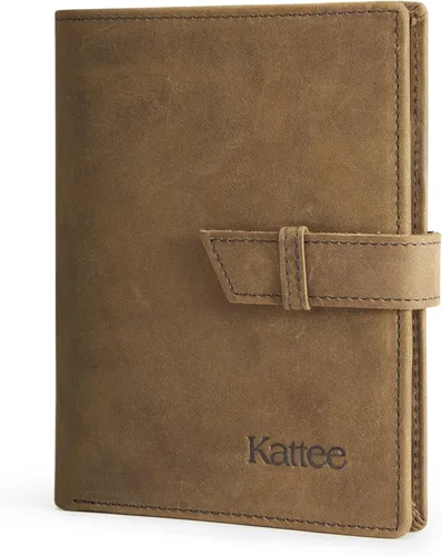 Kattee Soporte para pasaporte de cuero genuino con bloqueo RFID, billetera de viaje plegable para hombres, Marrón, Vintage