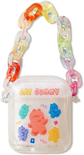 Miniatura 8 de Funda transparente compatible con AirPods 1 y 2, hermoso diseño de lazo colorido con pulsera de perlas de lujo, ultrafina, funda protectora de RosaA