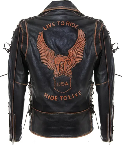 Chaqueta de motociclista para hombre, estilo vintage, color negro, "Live to Ride", de piel de águila en relieve, color negro