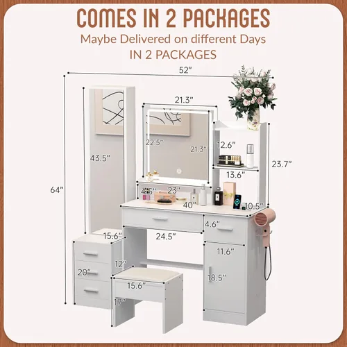 Miniatura 7 de INTERGREAT Tocador de maquillaje con luces y espejo, escritorio de tocador blanco, tocador con cajones grandes, 3 modos de iluminación, espejo