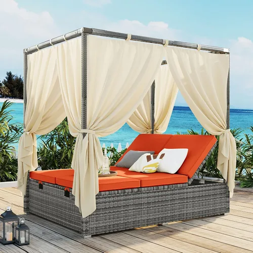 Miniatura 17 de Sofá cama redondo de ratán al aire libre con toldo retráctil y mesa de centro elevadora, muebles de patio, juego de sofá para piscina Garde