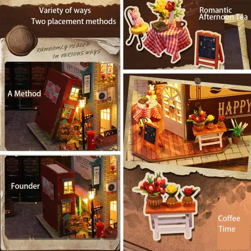 Miniatura 7 de Soporte de madera 3D para libros, rompecabezas de casa de muñecas, sujetalibros de madera, kit de construcción de rincones con luz LED