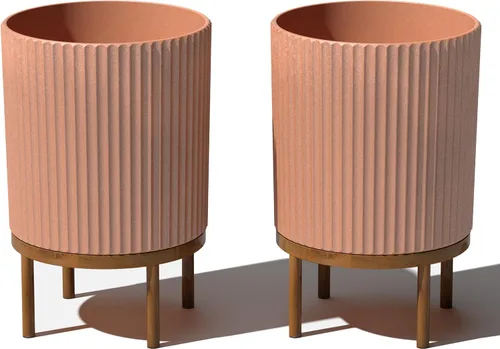 Miniatura 72 de Veradek Demi Series - Maceta redonda con soporte para porche o patio, compuesto de piedra de plástico duradero y soporte de madera, decoración