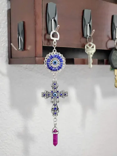 Miniatura 5 de LUCKBOOSTIUM Amuleto de cruz con incrustaciones de cristal azul y mandala azul de ojo malvado con piedra curativa colgante, dijes de naturaleza